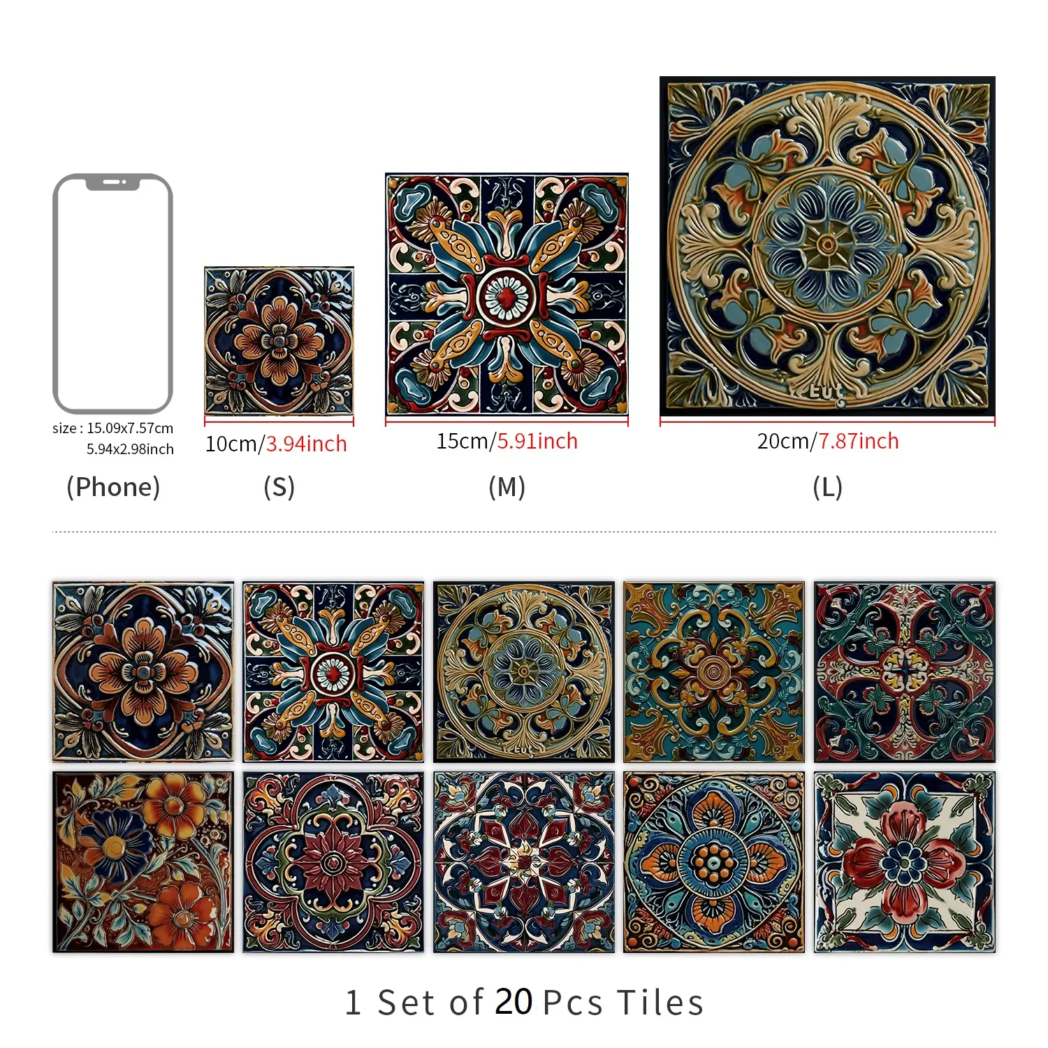 Self-Adhesive Removable Vintage Floral Tile Backsplash, Waterproof and Oil-Resistant for DIY Kitchen & Bathroom, 5.9x11.8 Inch Wall Decor