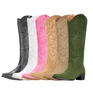 IUV Cowboy Boots For Women Knee High Boots Pointy Toe Women's Western Boots Side Zipper Chunky Heel Cowgirl Boots