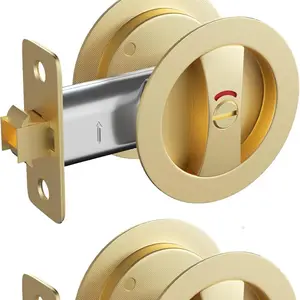 goldenwarm Gold Pocket Door Lock with Indicator, Brushed Gold Contemporary Privacy Round Pocket Door Hardware, Brass Pocket Door Lock(2 Pack) lock door