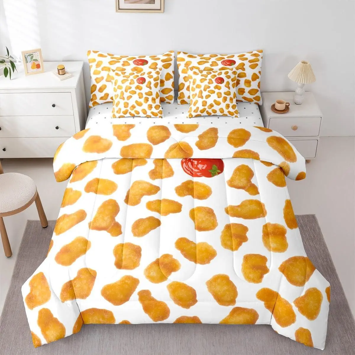 Chicken Nuggets Fried 7 Piece Bedding Set,Funny Food Comforter Set with Sheets Red Sauce Bed in A Bag Childern Boys Girls Teens Bed Set,with 2 Pillowcases,2 Throw Pillow Covers