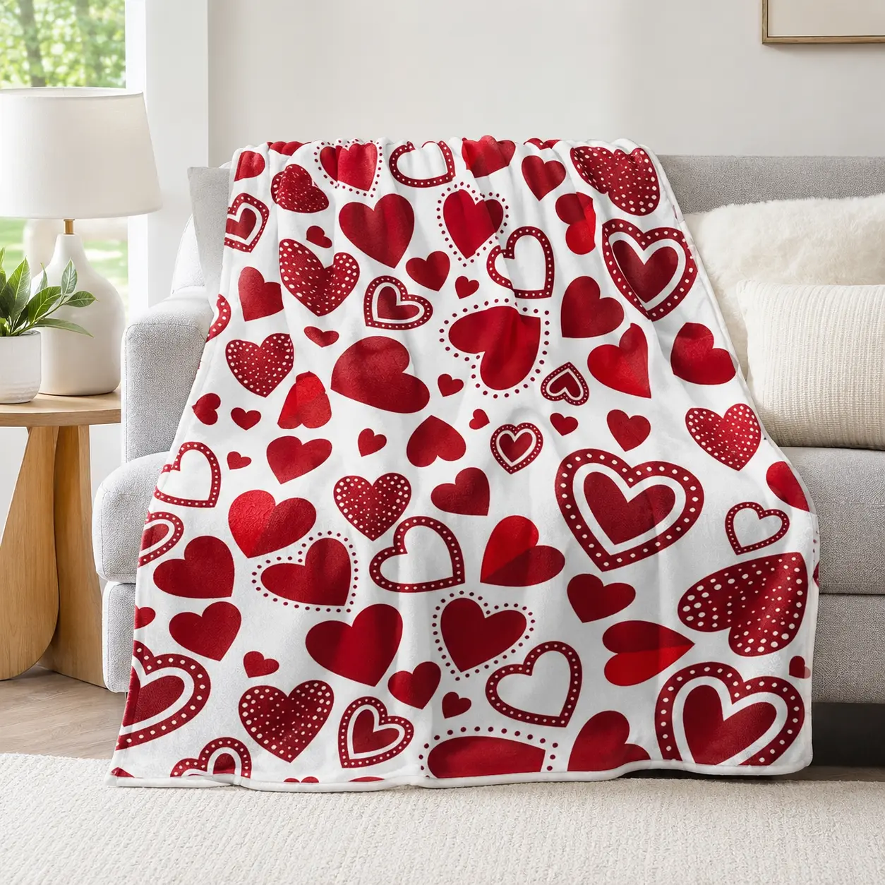 Red Heart Print Flannel Throw Blanket, Super Soft Lightweight Love Pattern Fleece Blanket for Adults & Kids, Cozy Valentine Heart Blanket with Plain White Reverse, Romantic Bed Chair Gift