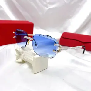 New Cut Blue Lens Sunglasses square Rimless Sunglasses High Quality Unisex Diamonds Shiny Sun Glasses Rhinestones Sunglasses