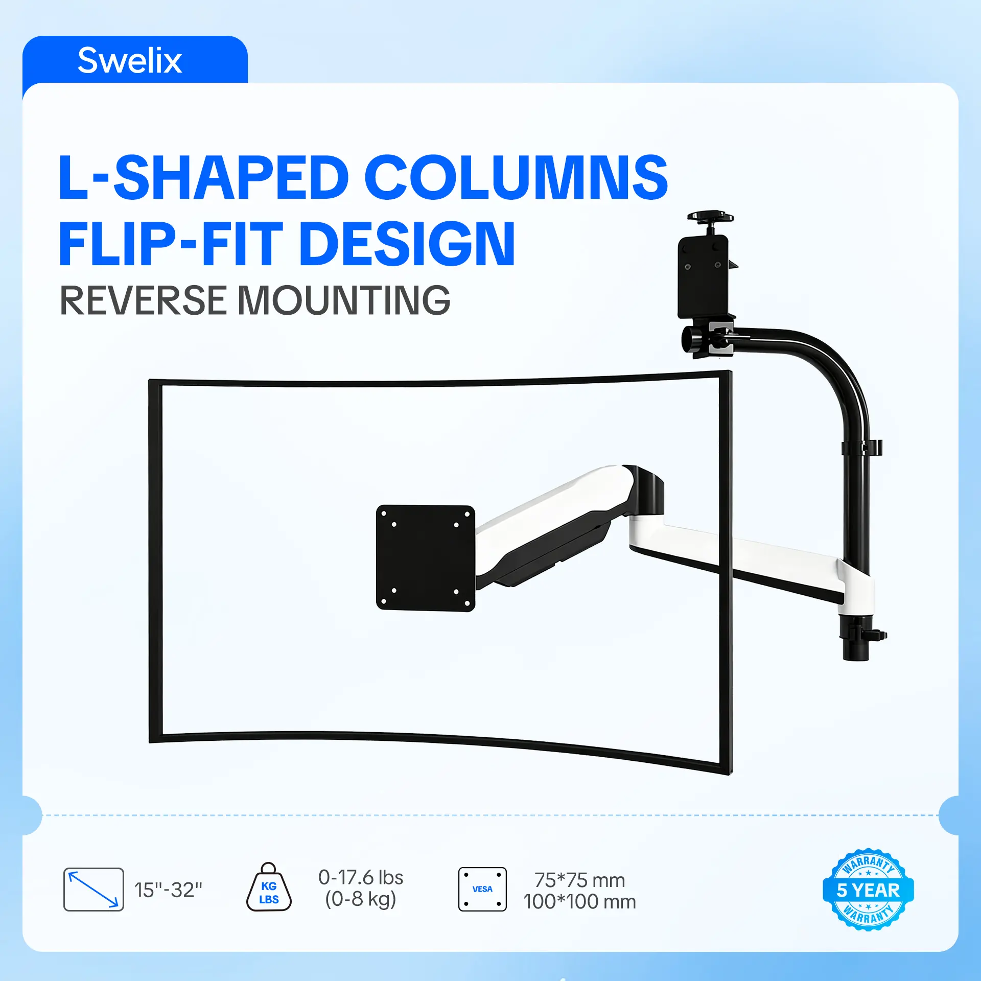 SWELIX Under-Cabinet Folding Monitor Arm - Under Cabinet Upside-Down Flip-Fit Mount with L-Shaped Columns, Swivel, 15-32" Screen, 17.6lbs Capacity, VESA Compatible, Quick Setup, C-Clamp, Wall Mount, Cable Management for Gaming, Home Office