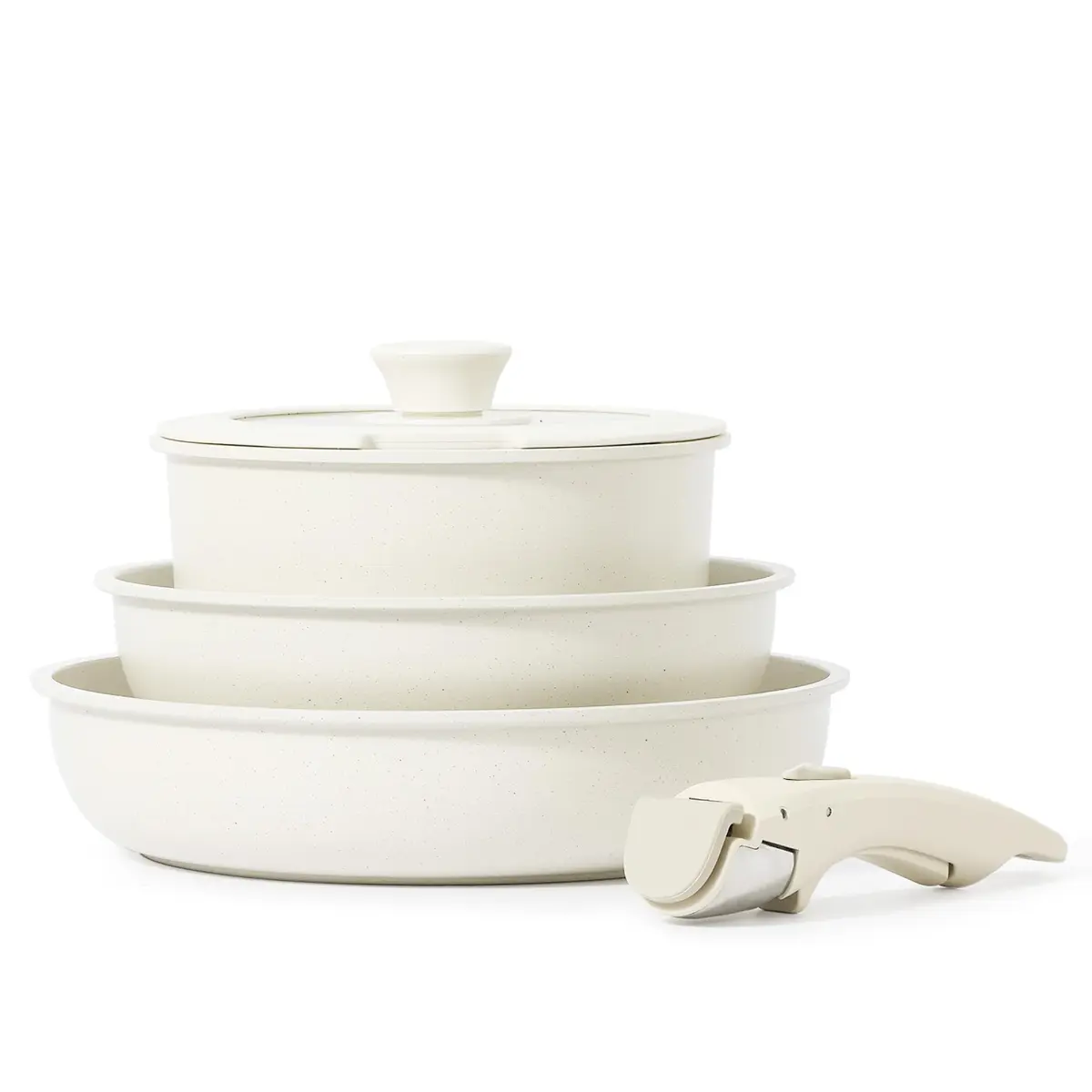 CAROTE Nonstick Cookware Sets, Non Stick Pots and Pans Set Detachable Handle, Kitchen Cookware Sets with Removable Handle, Stackable RV Cookware for Campers, Oven Safe (White 5 PCS) Aluminium