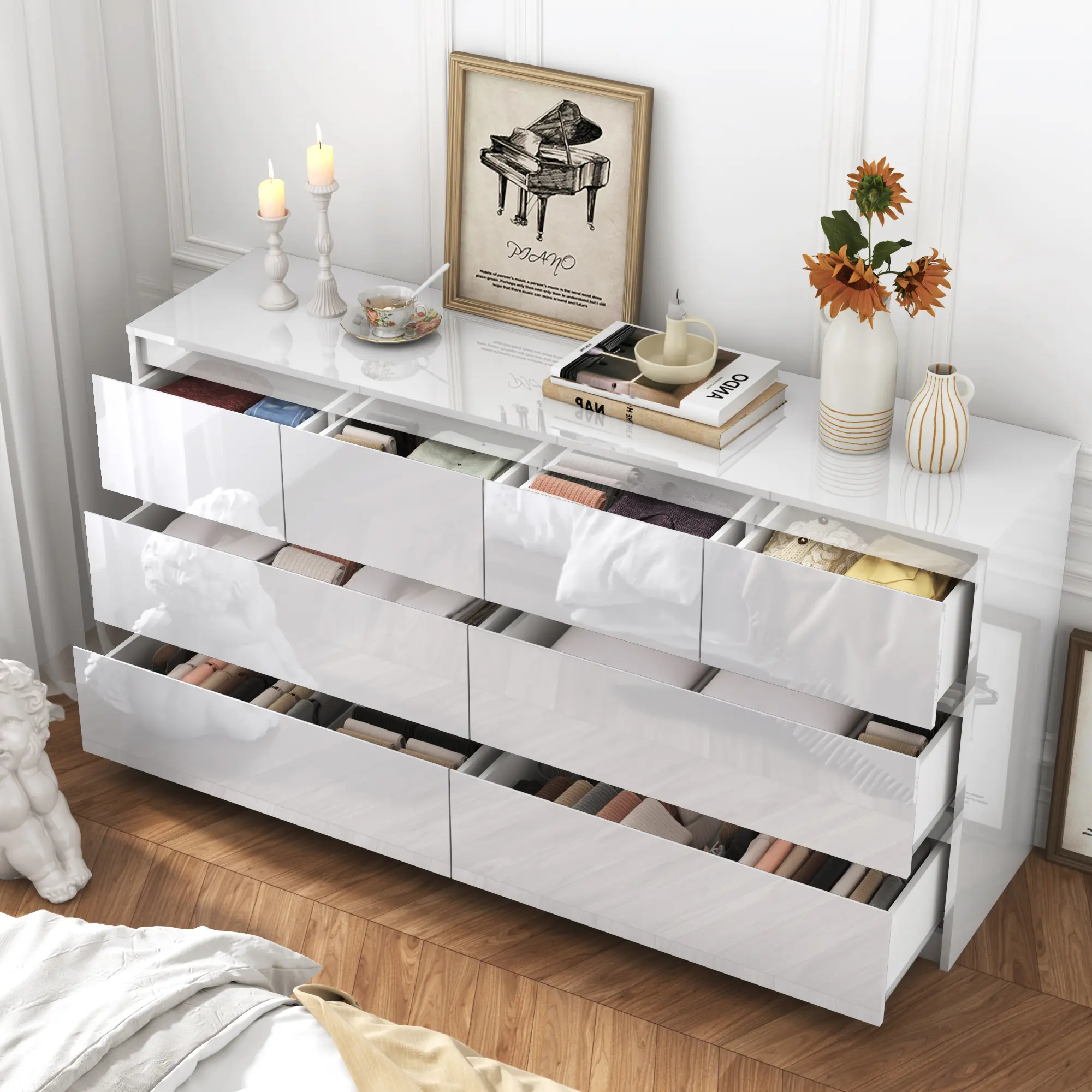 Dresser for Bedroom, Modern Dresser with Drawers, Large Wood Chest of Drawer Handle Free, Long Dresser for Bedroom, Living Room, Entryway, Hallway, White/Black