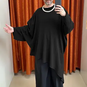 INCERUN Men's Knitwear Stretch Textured Loose T-Shirt - Viscose Stitch, Baggy Oversized Batwing Long Sleeves, Irregular Hem Cape Pullover, Dark-Style All-Season Top for Office, Daily Casual