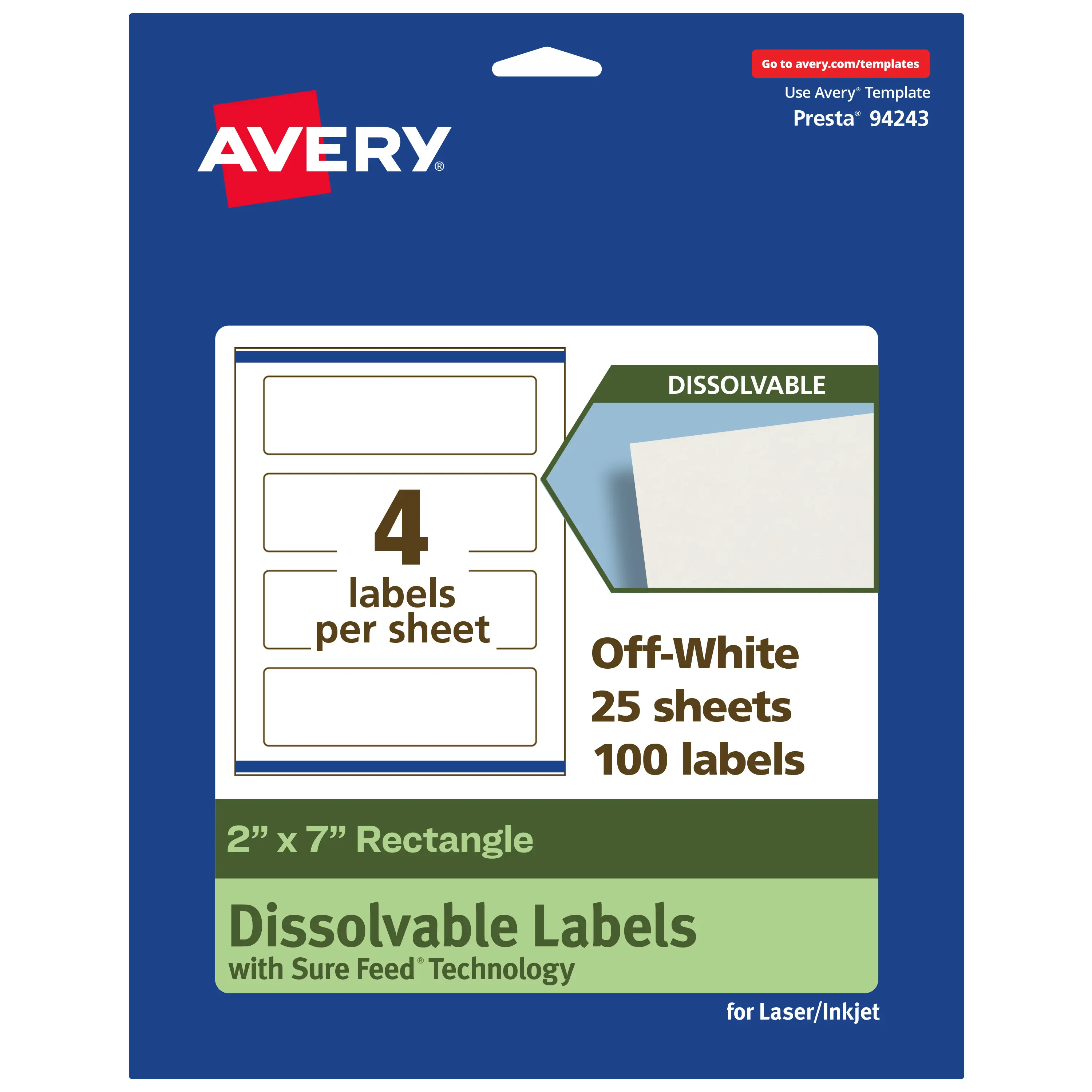 Avery Eco-Friendly Auto-Adhesive Dissolvable Labels, 2"x7" Rectangle Adhesive Stickers for Business Use with Easy Cleanup, Auto-Adhesive Labels & Stickers