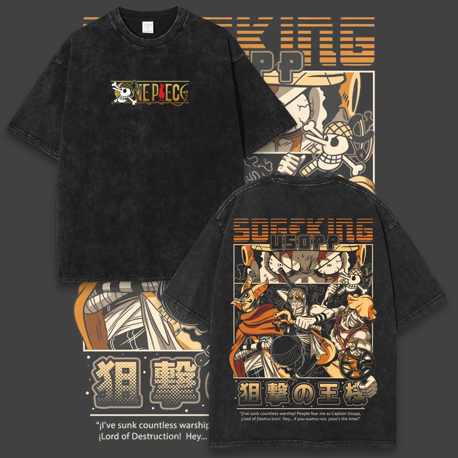 Retro Limited Sogeking Usopp Washed Tee, One Piece Anime Oversized Print Acid Wash Graphic T-Shirt, Y2K Streetwear Gift For Fan Manga Lover Otaku Merch