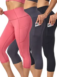 UIUO-UIPEU 3pcs Pack High Waist Tummy Control Yoga Pants Plus Size Capri Leggings for Women With Pockets Butt Lifting Workout Yoga Pants Black Gray Pink workout leggings butt lifting