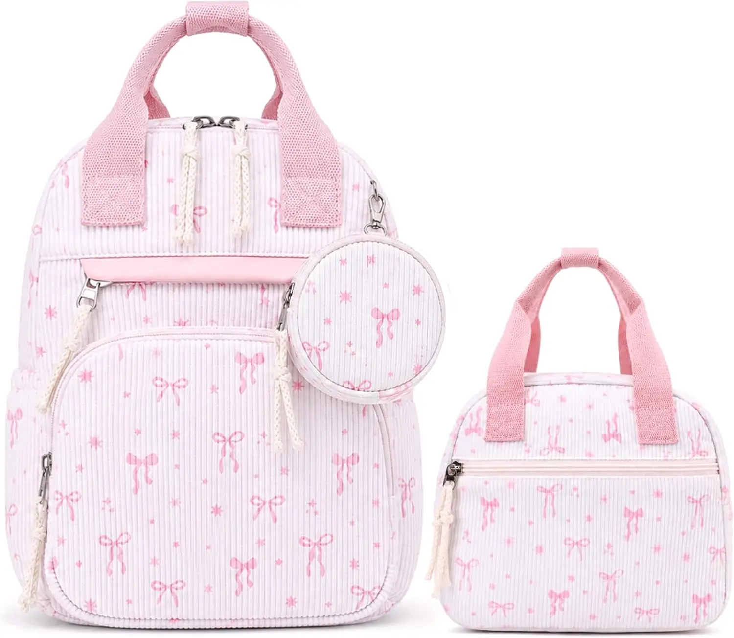2PCS Toddler Backpack for Girls 2-4 Corduroy Backpack with Lunch Bag |   Cute & Mini 12" Preschool Kindergarten Backpack Lightweight with Name Tag for Toddler Kids School Travel (Pink Bow)