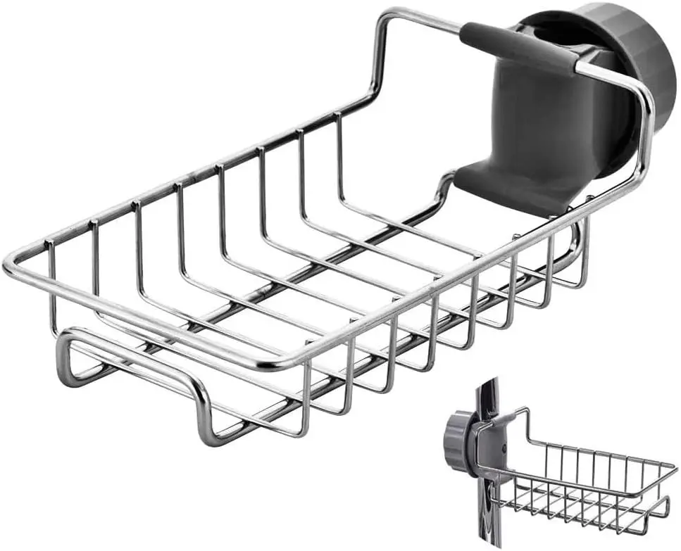 Kitchen Sink Caddy Organizer Over Faucet Sponge Holder, Stainless Steel Heavy Duty Thickening Hanging Faucet Drain Rack for Scrubbers, Soap, Bathroom, Detachable No Suction Cup or Magnet