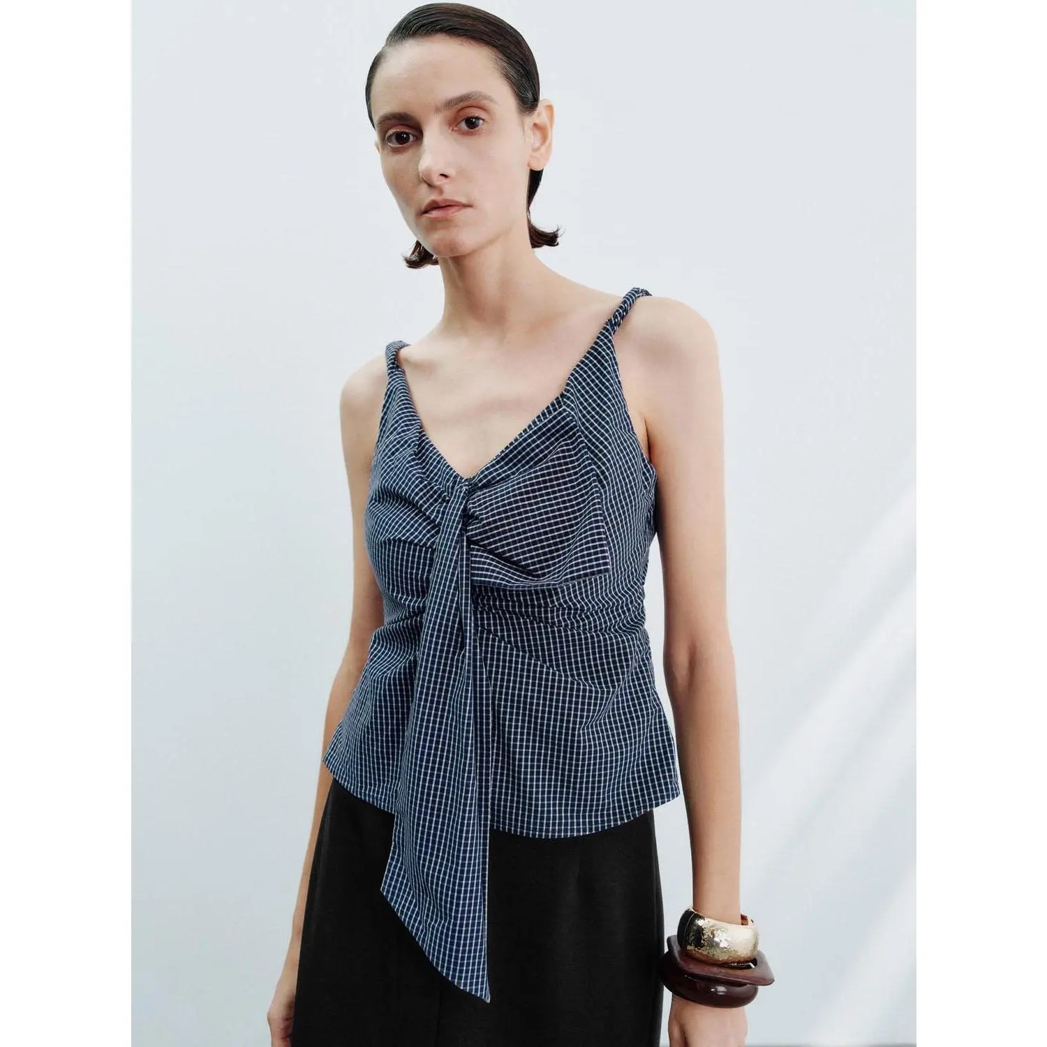 Women's Casual Fitted Spring Cami Top in Cotton Fabric with Spaghetti Straps and Drawstring Ruched Front, Thin, Fitted Cut, Ruched Detail, Do Not Bleach, Lady, Xl