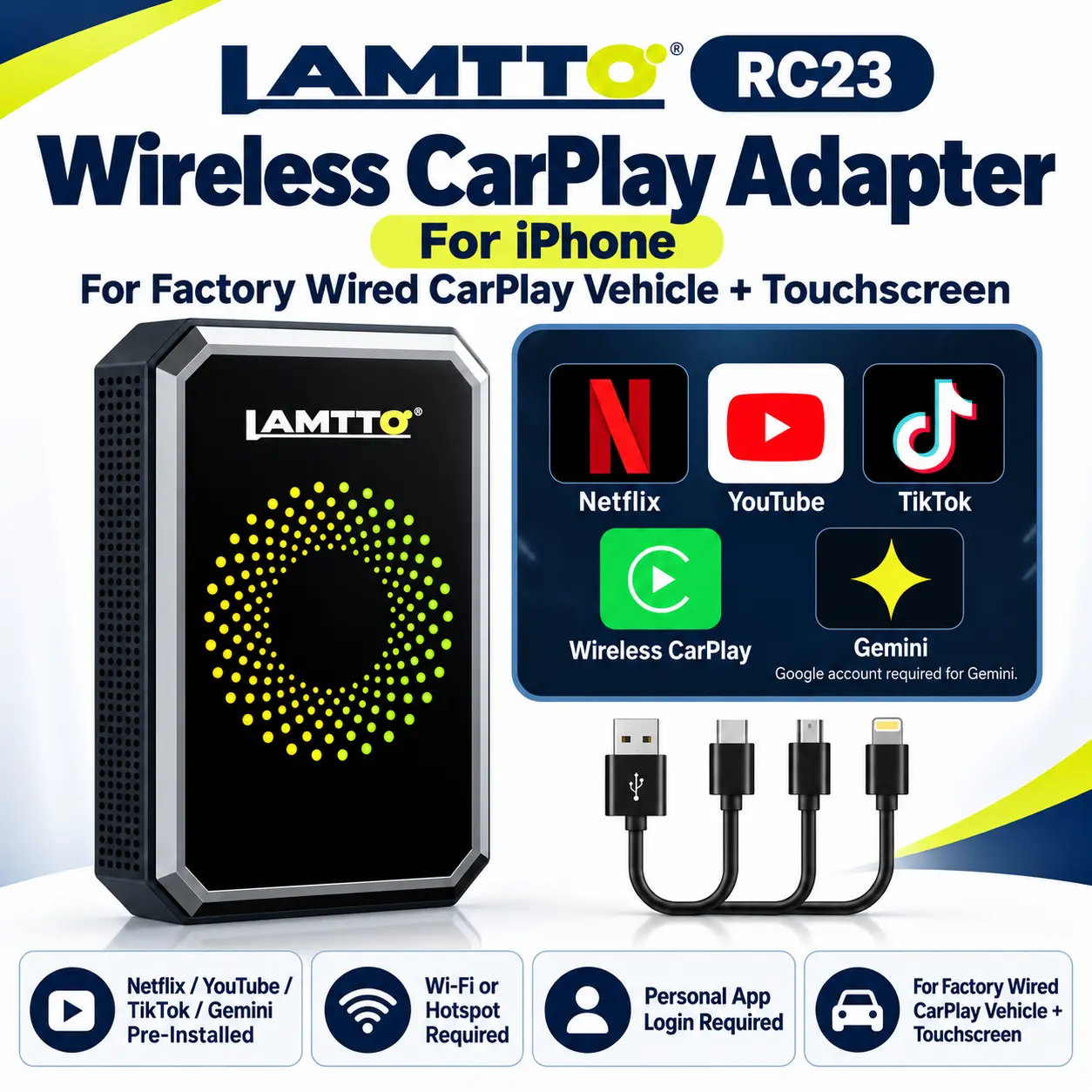 LAMTTO RC23 Wireless CarPlay Adapter for iPhone, for Factory Wired CarPlay Cars + Touchscreen, Netflix/YouTube/TikTok/Gemini Pre-Installed (Wi-Fi orHotspot Required, Personal App Login Required),toolupgrade
