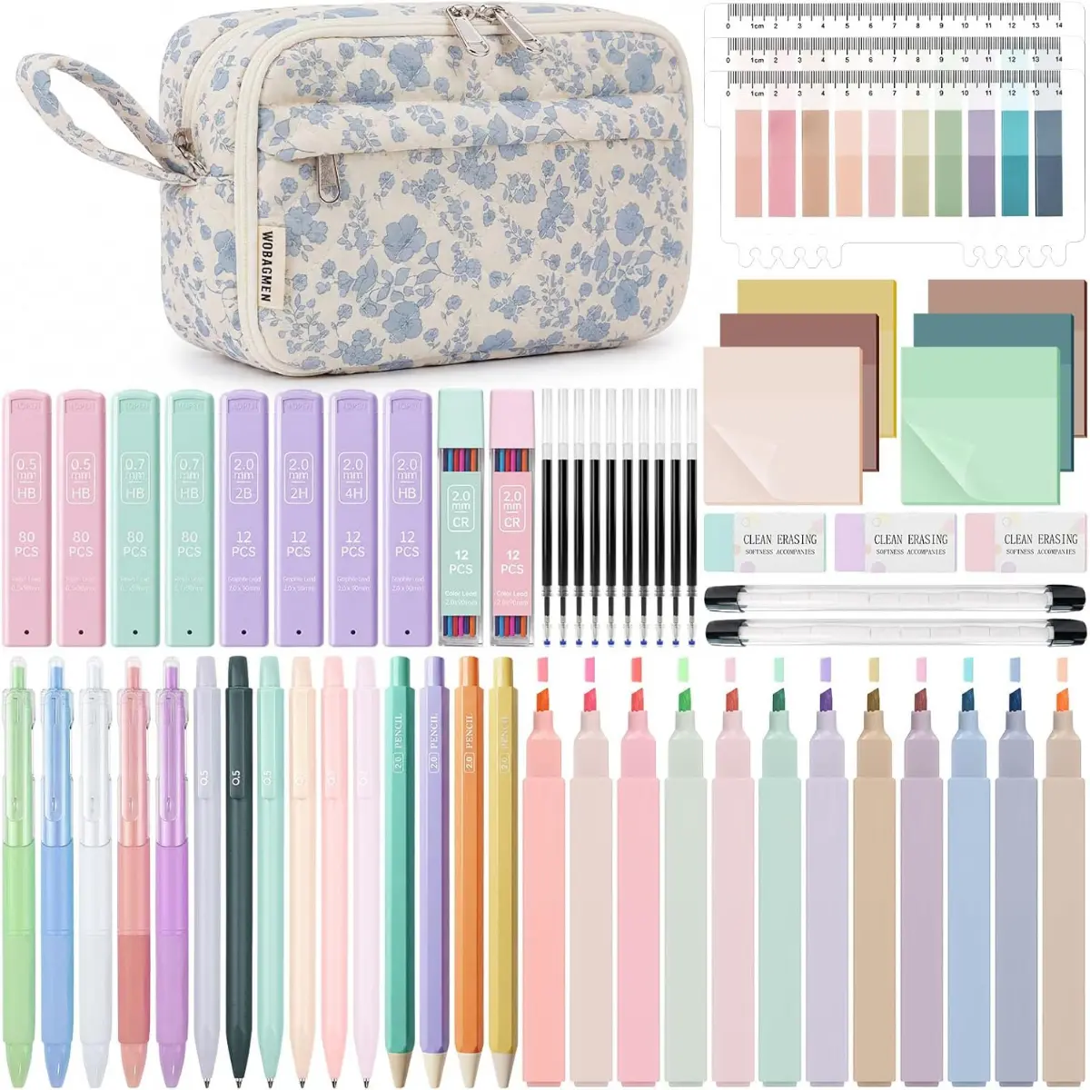 62PCS Aesthetic School Supply Set for School Shopping - Quilted Pencil Case (M), Pastel Highlighters, Gel Pens, Mechanical Pencils, Cute Blue Floral College Essentials