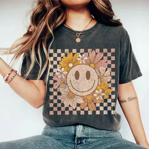 Smiling Face Shirt, Wild Flower Shirt, Wildflower T-shirt, Flower Shirt, Retro Smile Face with Flower, Smile TShirt, Retro Happy Face Shirt, Gift For Her, Flower Shirt Aesthetic, Floral Graphic Tee, Trendy Vintage Graphic Tee, Checkered Comfort T-shirt