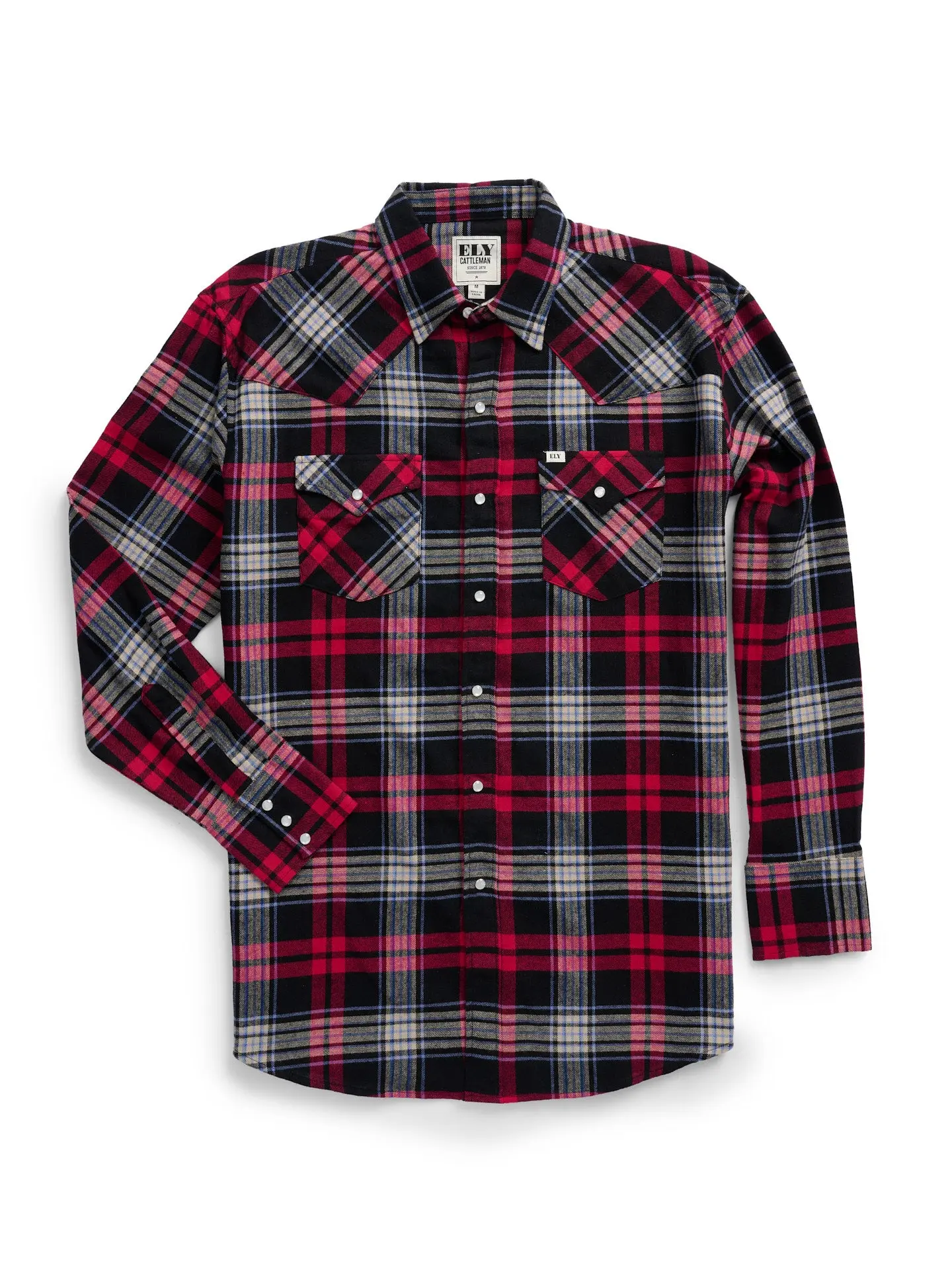 Men's Ely Cattleman Long Sleeve Flannel Plaid Western Snap Shirt- Black