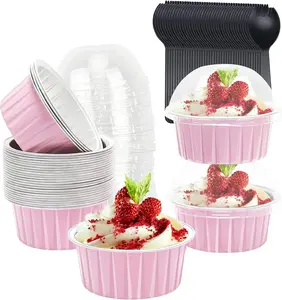 Pack of 50 with lids, 5-ounce aluminum foil cupcake cups, muffin cans, disposable Ramikins cupcake baking tray, cake rack suitable for egg and milk mini pies - pink