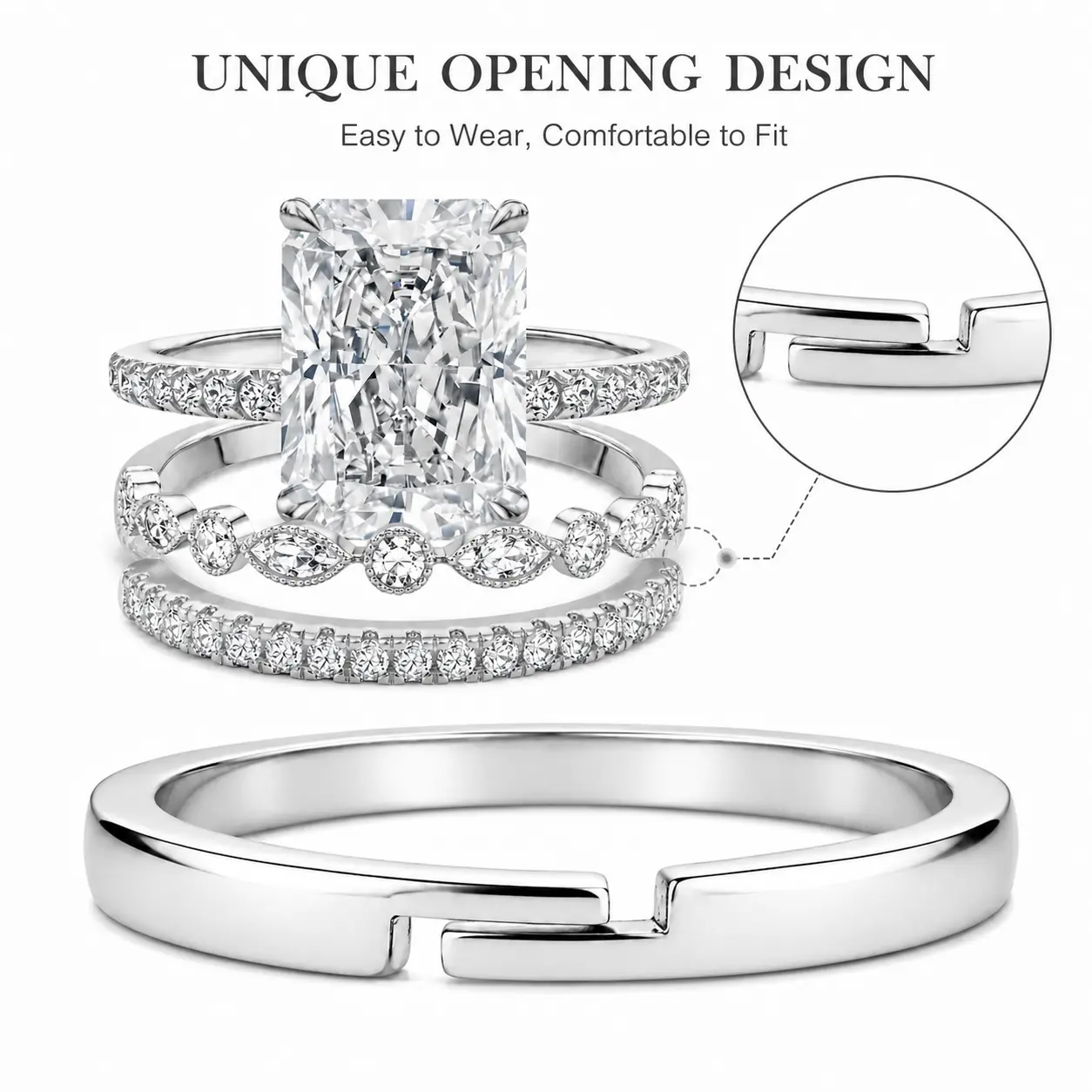 3-Piece Silver Radiant Cut Wedding Ring Set for Women, Square Crystal Zircon Bridal Ring Set, Sparkly Engagement & Promise Rings, Luxury Fashion Jewelry Gift for Her Promiserings promise rings engagement rings marquise engagement ring