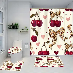 1/4 piece cherry bow design bathroom set, including soft floor mat, toilet seat cushion, shower curtain, creating elegant decoration for home decor. The floor mat has good rebound, water absorption, anti slip, and is the first choice for gift giving
