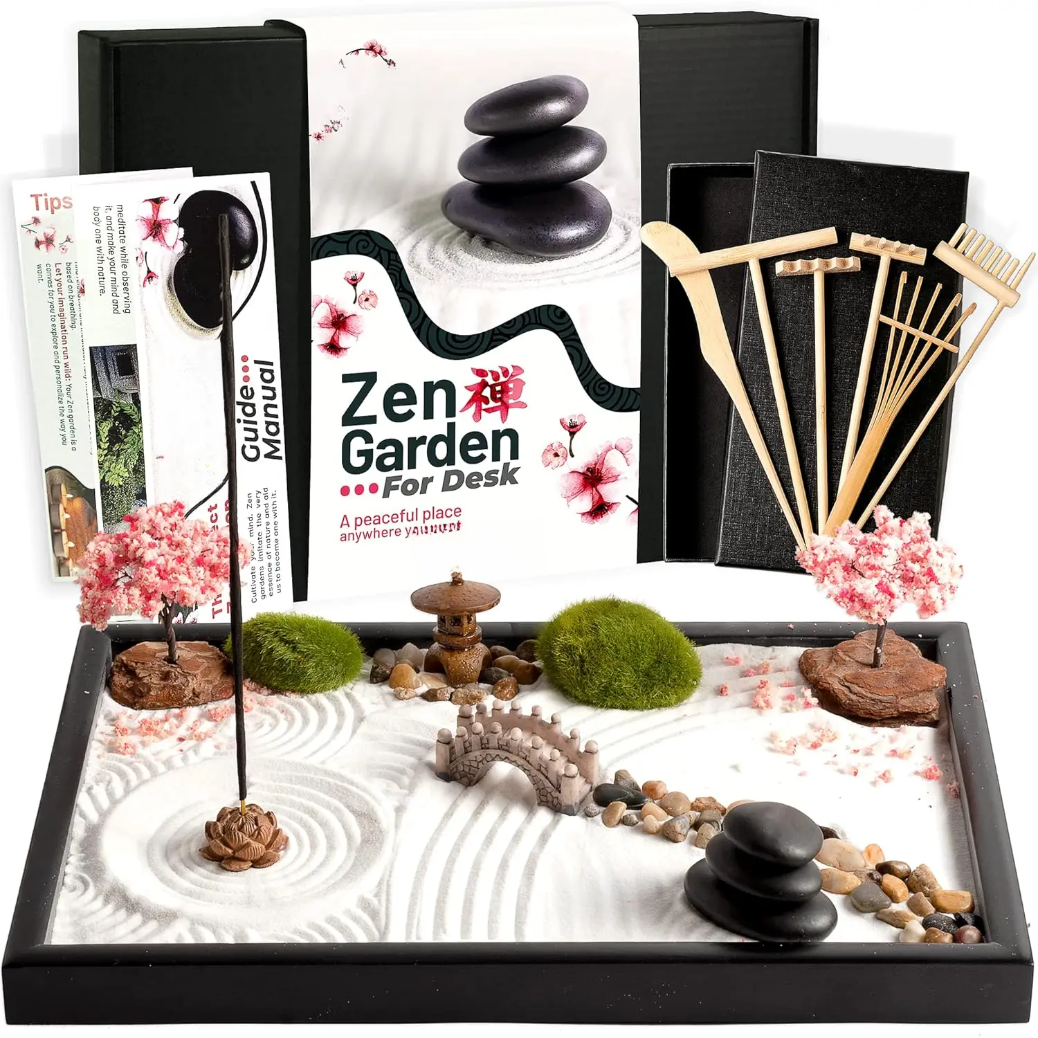 Zen Garden Kit for Desk 12x8in Sand Tray,   Set 14 Accessories and 6 Tools, Meditation Mini Zen Garden, Zen Sand Garden,  Office Desk Decorations,  Kit, Rock Decor