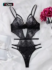 Women's Solid Cut Out Sheer Lace Lingerie Bodysuit, Fashion Comfy Sexy Breathable Push Up Bodysuit for Daily Wear, Women Sexy Lingeries for All Seasons, Lingerie Lace Nightwear, Underwear, Soft Lingerie