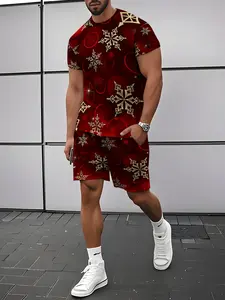 Christmas Theme Red Snowflake Pattern Men's Short Sleeve & Shorts Set Casual Loungewear Pajama Set