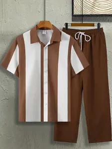 Men's Brown & White Striped 2-Piece Loungewear Set - Short Sleeve Button-Down Shirt & Drawstring Waist Pants, Lightweight Breathable Fabric, Relaxed Fit, Loose for At-Home Lounging, Lazy Weekends & Casual Evenings, Homewear, Pajama Set, Pjs, Menswear