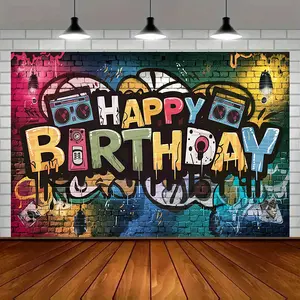Vibrant Hip Hop Graffiti Happy Birthday Party Banner - Colorful Wall Decor with Boombox & Guitar Design, Polyester Backdrop for Home, Room, or Event Decoration