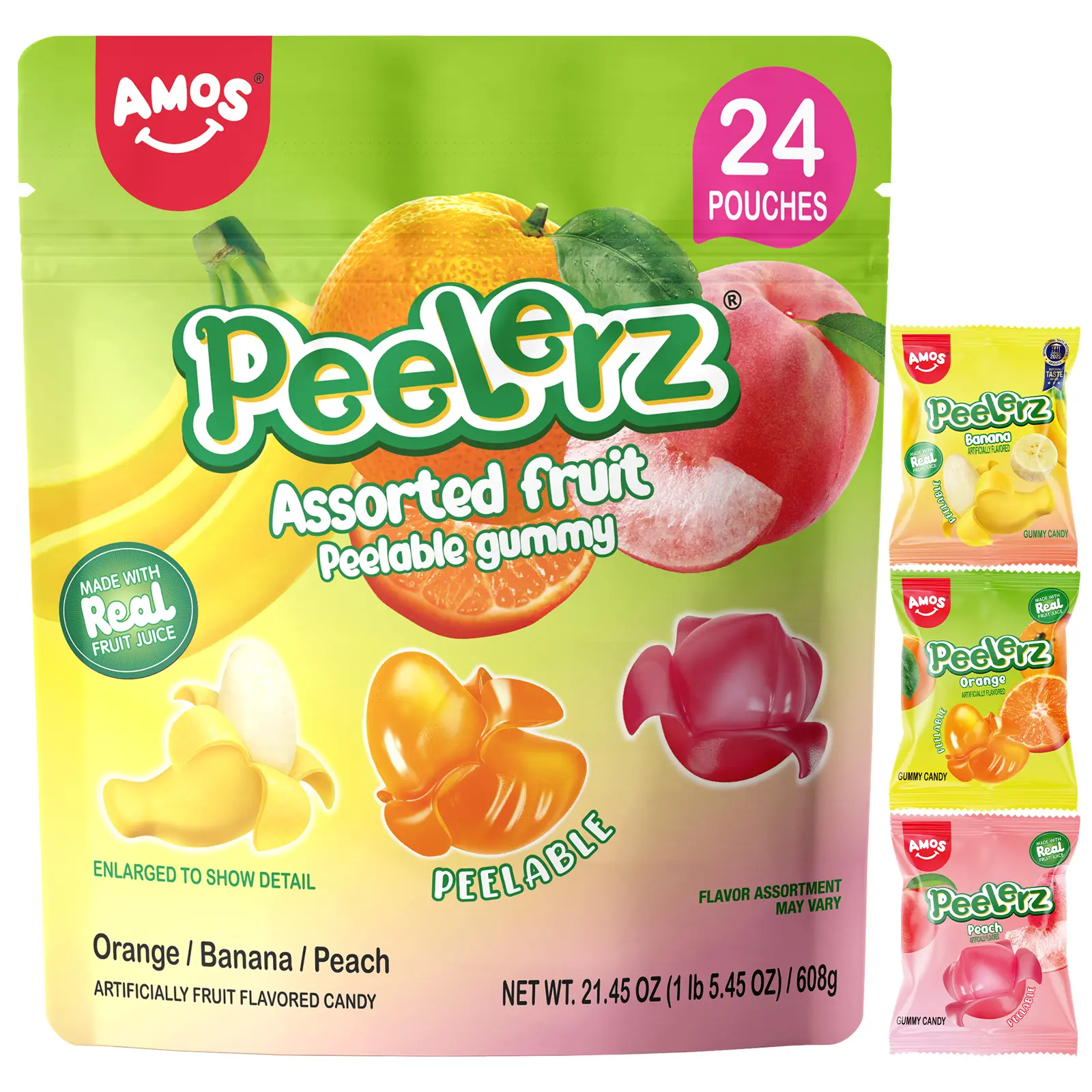 Amos Peelerz Assorted Peelable Gummy Variety Pack – Banana, Orange & Peach | 24 Individually Wrapped Packs (608g) | Fun, Chewy, Shareable Treat