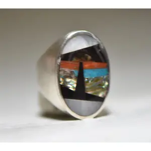 Navajo Ring  size 8.75 Turquoise Seascape Abalone Lighthouse Spiny Oyster Sterling Silver Men Women