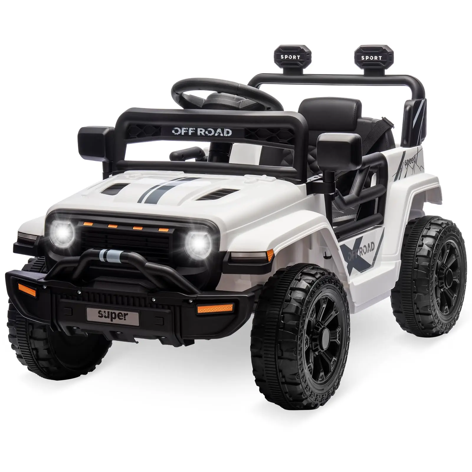 GARVEE 12V Electric Ride-On Truck Car for 3-5 Year Olds - White, Parent Remote Control, Steering Wheel Music, 4-Wheel Spring Suspension, LED Lights, 2 Speeds, Power Wheels With Remote Control, Ride On Wheels