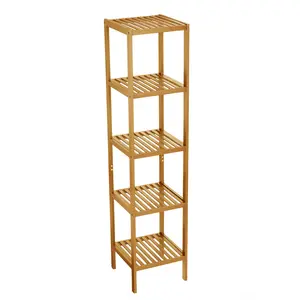 5-Tier Bamboo Shelf, Narrow Bathroom Shelf with Slatted Shelves, Natural Wood Plant Stand, Standing Towel Rack, Corner Rack, for Bathroom Entryway Bedroom Kitchen Sunroom