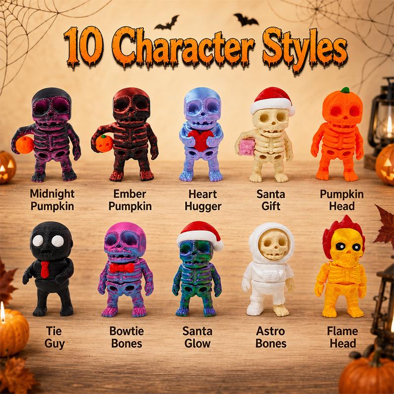 10/13 Styles Mini 3D‑Printed Skeleton Figures Cute Halloween Desk Ornament Set, Spooky‑Cute Skeleton Toy Decor, Perfect for Halloween Party Favors, Table Shelf Decoration & Holiday Gift