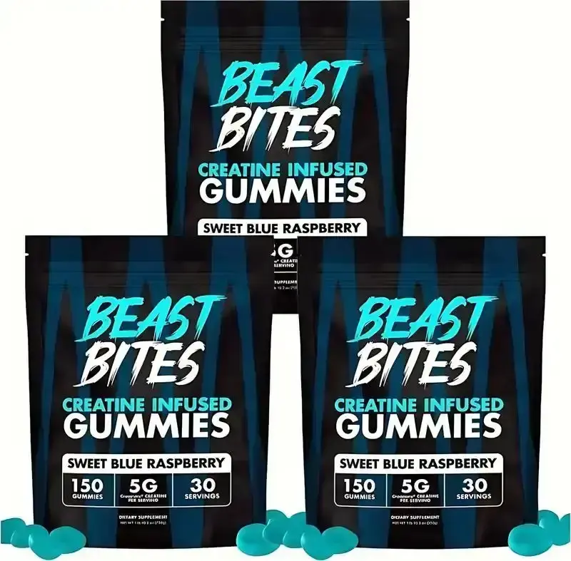 Beast Bites Creatine Infused Gummies with Creapure NSF Certified 5g Monohydrate per Serving Sweet Blue Raspberry Flavor Non-GMO Gluten Free Vegan