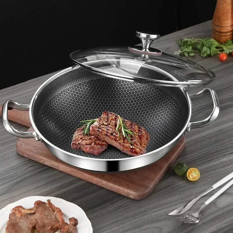 Stainless Steel 32CM Honeycomb Wok Non Stick Frying Pan Induction Cooker Gas Stove Kitchen Cookware Premium Quality Stainless Steel Pans Nonstick Durable Cookware Frying Pans Nonstick With Lid