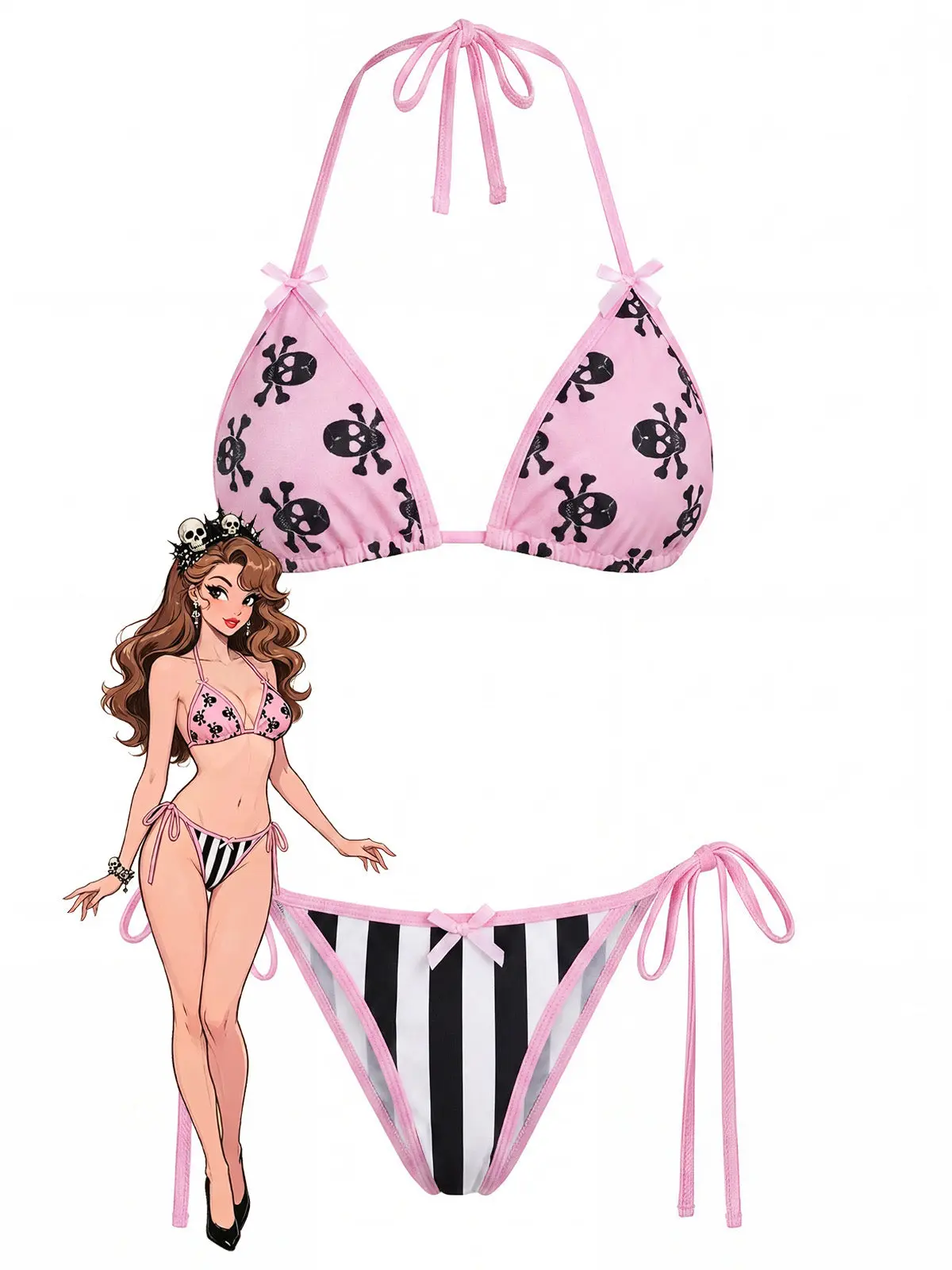 Pink 1980s Gothic Skull Printed Striped Bikini Set tiktokshopbacktoschool