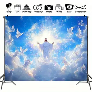 1pc Classic 2D Flat Polyester Jesus & Angels Backdrop Banner - Floor-Mounted, Multi-Use Decorative Sign, No Electricity Needed, for Weddings, All-White Celebrations