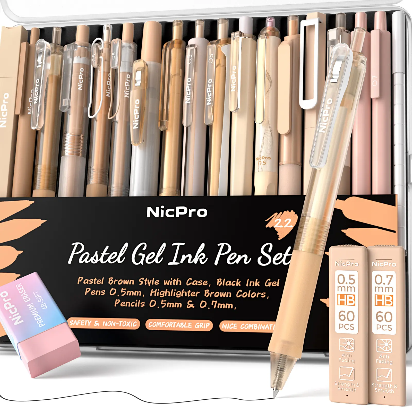 Nicpro 22Pack Gel Ink Pen Set, Cute Aesthetic Pen 0.5mm, 12 Pink Pens Black Ink with 2 Highlighter and 2 Mechanical Pencil 0.5 0.7mm, Fine Point Smooth Writing Pens for Girls, Office Supplies