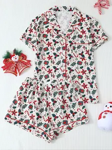 [Christmas]Women's Pajama Set, Sweet Tree Pattern Lapel Short Sleeve Top with Pockets & Bow Shorts, Casual Summer Homewear, Best New Year Gift, Loungewear