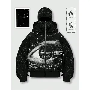 Men’s street-style rhinestone-decorated hooded sweatshirt with two hats, windproof jacket with pocket and zipper design, autumn and winter wear, long, street wear, geometric GARMENTARY