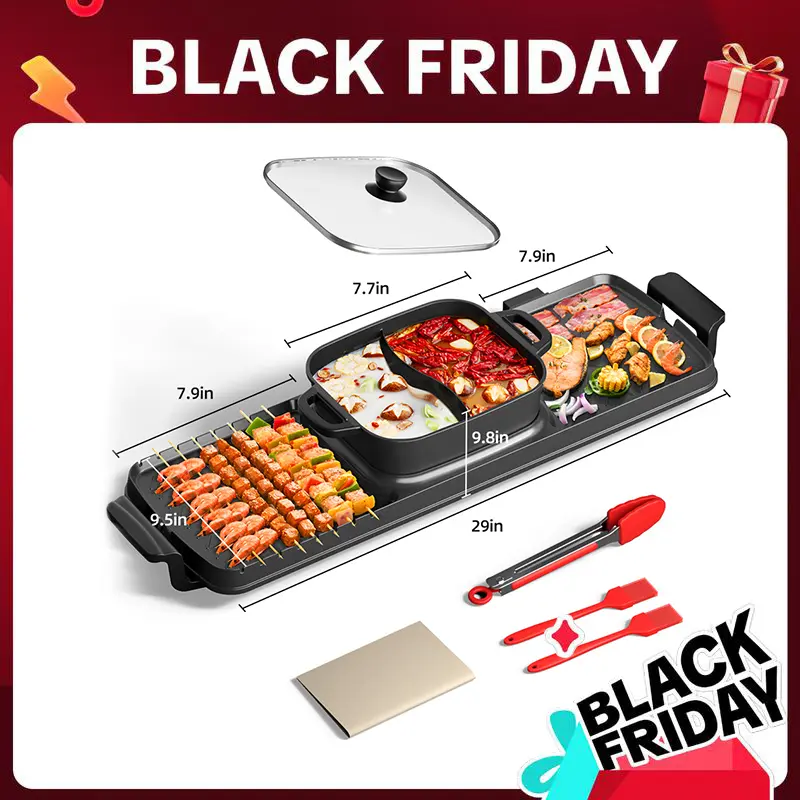 2 in 1 BBQ  Indoor Grill and hot pot,Nonstick Surface, Asador de Carne Portable Barbecue tiktokshopbacktoschool