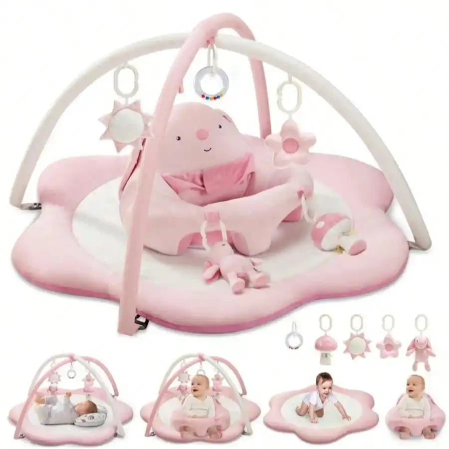 Baby Gym Play Mat With Seat, Non-Slip Bottom, Soft Material, Padding, Back Support, Sit Me Up Floor Seat For Baby, Tummy Time Ma