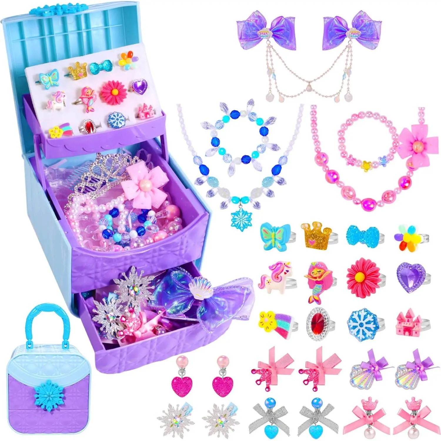 X-JLY01 Kids' Frozen Theme Princess Jewelry Box with Triple Drawer - 32Pcs Dress-Up Crystal Beads Set for 3-6 Years Old Girls, Ideal for Imaginary Play & Gifts
