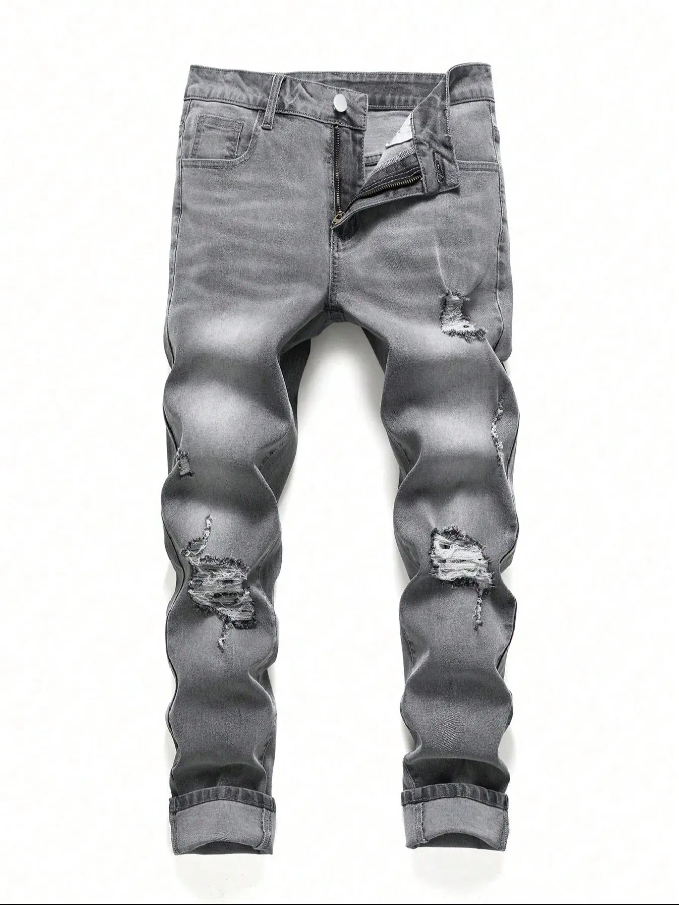 Men's Regular Fit Solid Color Button Ripped Jeans, Casual Streetwear Comfy Denim Bottoms for Daily Wear, All Seasons