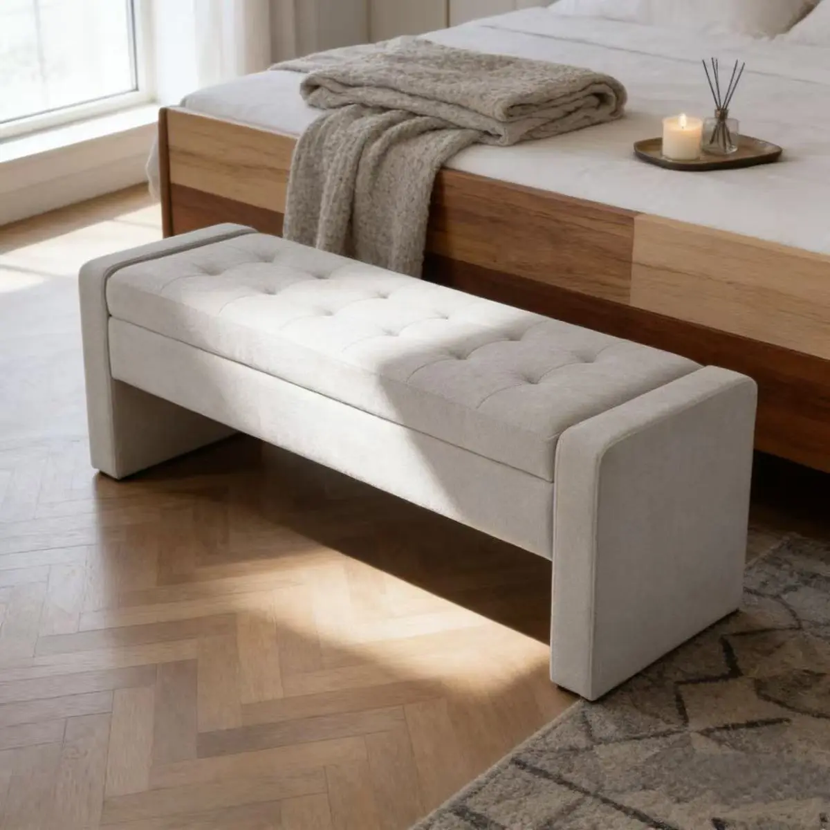 50"W Polyester Upholstered Modern Rectangle Storage Bench - Tufted Seat, Elegant Stitch Detail, High Density Foam, Child Safety Soft Close Hinge, 37.48 lbs, Space-Saving Dual-Purpose Indoor Ottoman, 50.00x18.50x18.00 in (50"Wx18.5"Dx18"H) for Bedroom