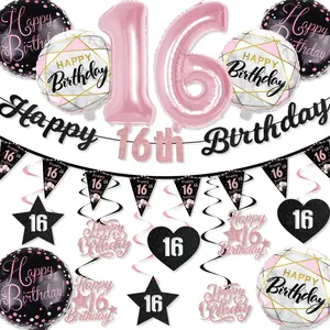 Sweet 16 Birthday Decorations Set, & Glitter Banner, 16 Number Balloons, Hanging Swirls, Pennant Bunting, Party Supplies Gifts, Party Event Props, Birthday Party Kit