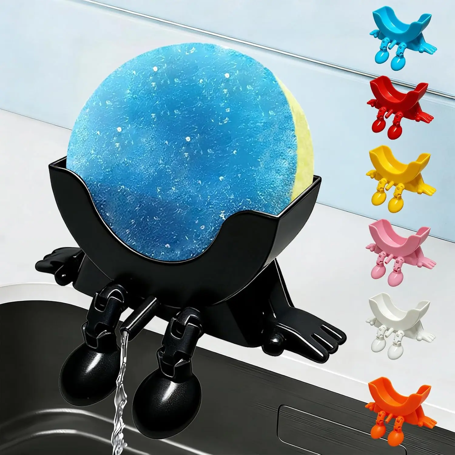 Black 3D Printed Plastic Compact Kitchen Countertop Hanging Sink Organiser - Sturdy, Stable, Drainage Design, Non-Slip Pads, Fits Round Sponges, Keeps Items Dry, Cartoon Style, Sponge Holder Draining Boards, Hanging Sink Holder, 0 - 5 Kg