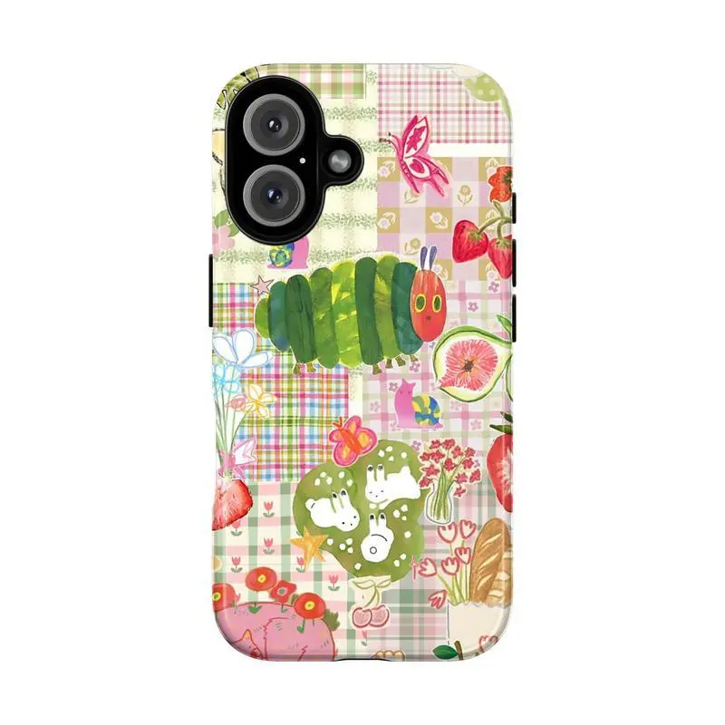 Cute Caterpillar and Fruit Collage Phone Case – Pastel Plaid Background with Strawberries, Flowers, Bread, and Whimsical Animals – Colorful Vintage Aesthetic Cover for iphone 17 pro max 16 Plus 15 14 13 12 11 Plus