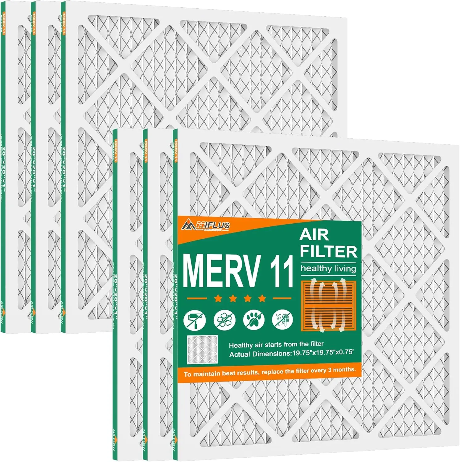 6-Pack 20x20x1 in MERV 11 HVAC Air Filter for Household Items, Eco-Friendly with Recycled Materials, Traps Pollen Pet Dander Dust, 2x Surface Area
