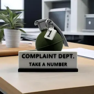 Grenade "Complaints Department" Desk Sign - 3D Printed Office Humor Decor with "Take a Number", Perfect Prank Gift for Colleagues, Bosses & Holidays, Novelty Desk Decor, Desk Signage Decoration